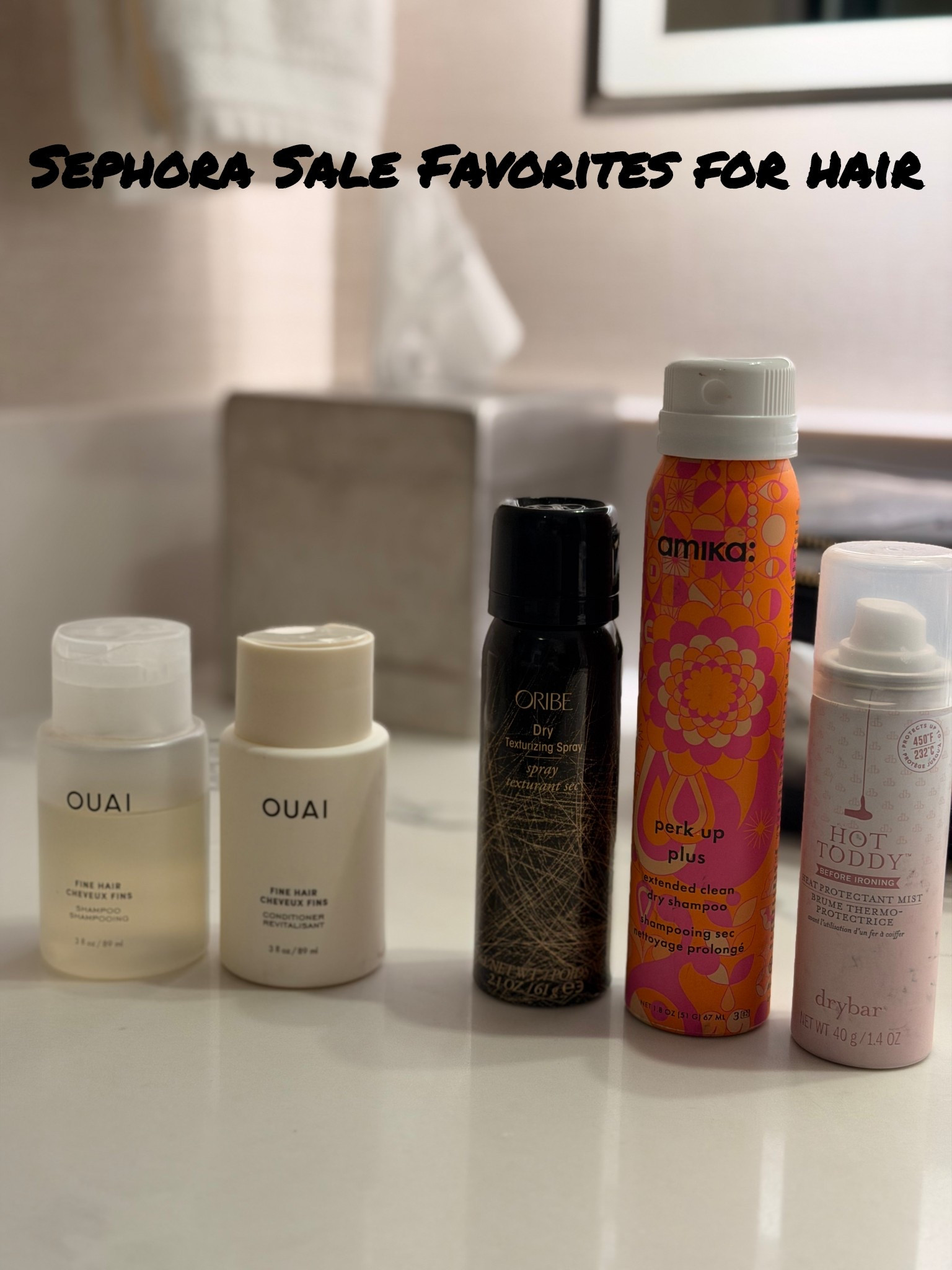 Sephora Sale hair favorites. 
Ouai shampoo & conditioner 
Oribe dry texture spray 
Amika dry shampoo 
Drybar hot toddy heat protectant 

#LTKBeauty #LTKTravel #LTKSaleAlert