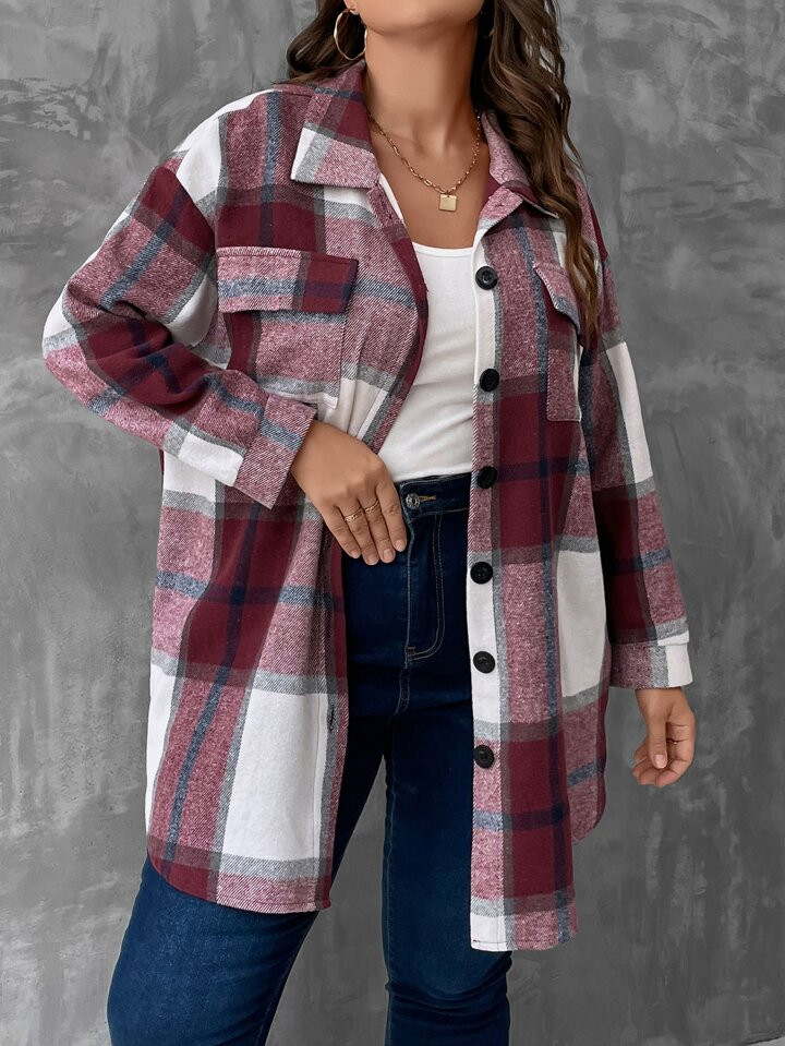 SHEIN LUNE Plus Plaid Flap Pocket Drop Shoulder Coat | SHEIN