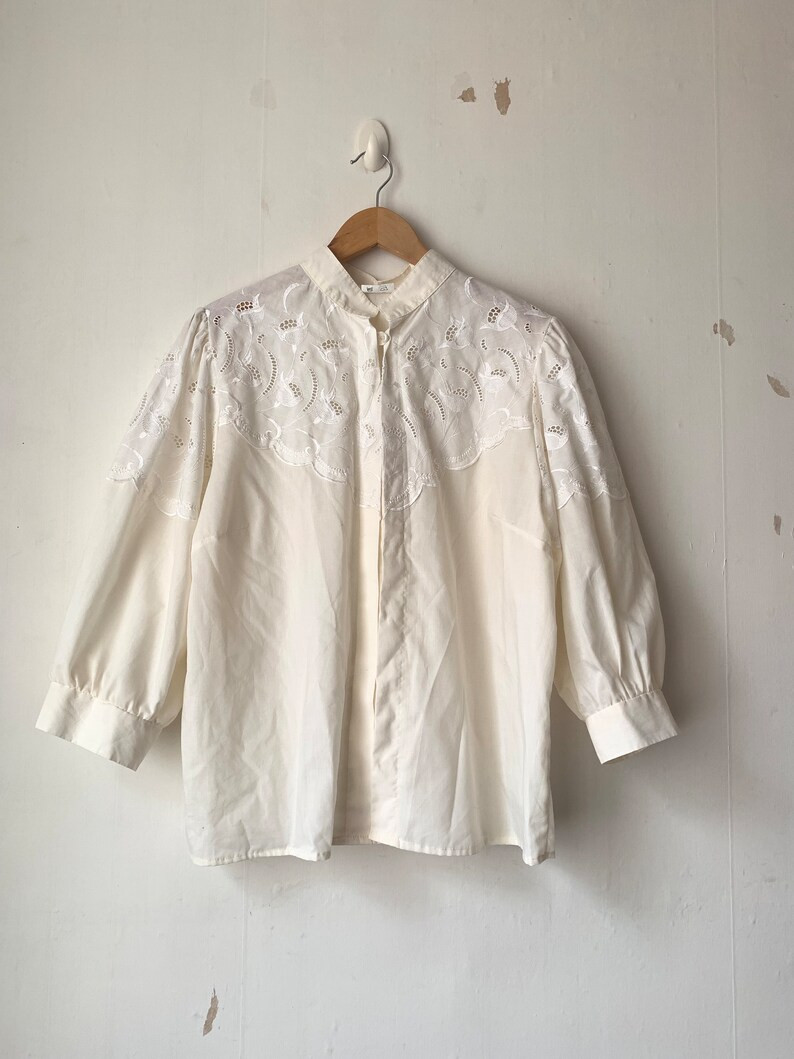 1970s Ivory White Floral Lace Buttoned Puff Sleeves Victorian - Etsy | Etsy (US)