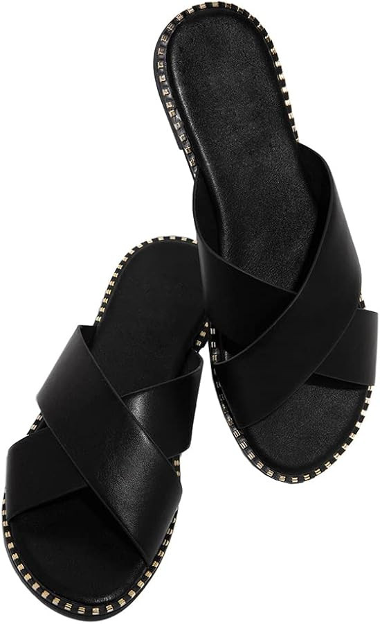 Jeimpoey Womens Studded Flat Sandals Open Toe Slip on Mule Slides Crossed Strap Slipper | Amazon (US)