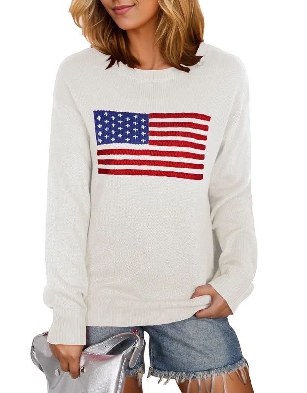 American Flag Graphic Sweaters for Women 4th of July Crew Neck Sweater Long Sleeve Casual Knit Pu... | Walmart (US)