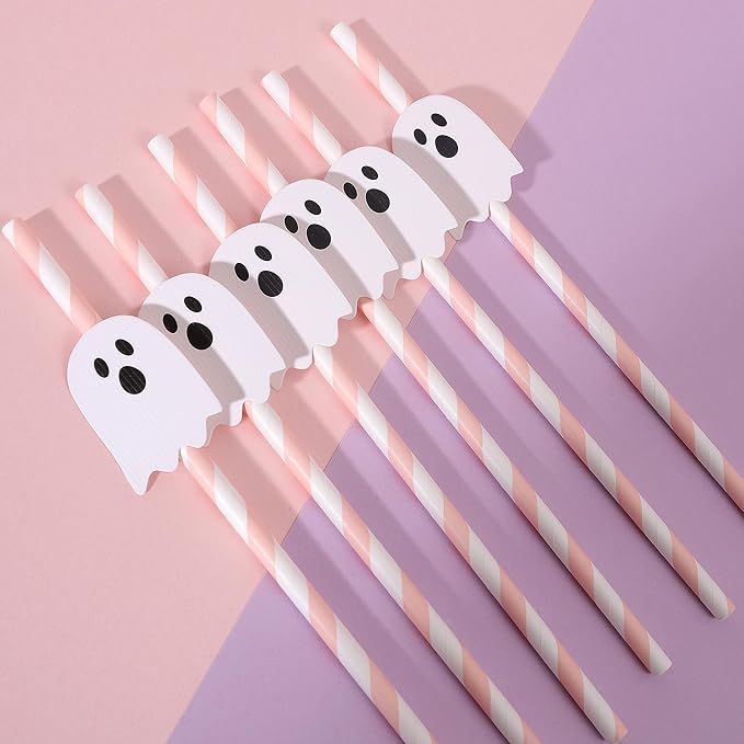 Pink Halloween Ghost Paper Straws - 12PCS Pink Ghost Straws, Cute Halloween Party Supplies, Hallo... | Amazon (US)