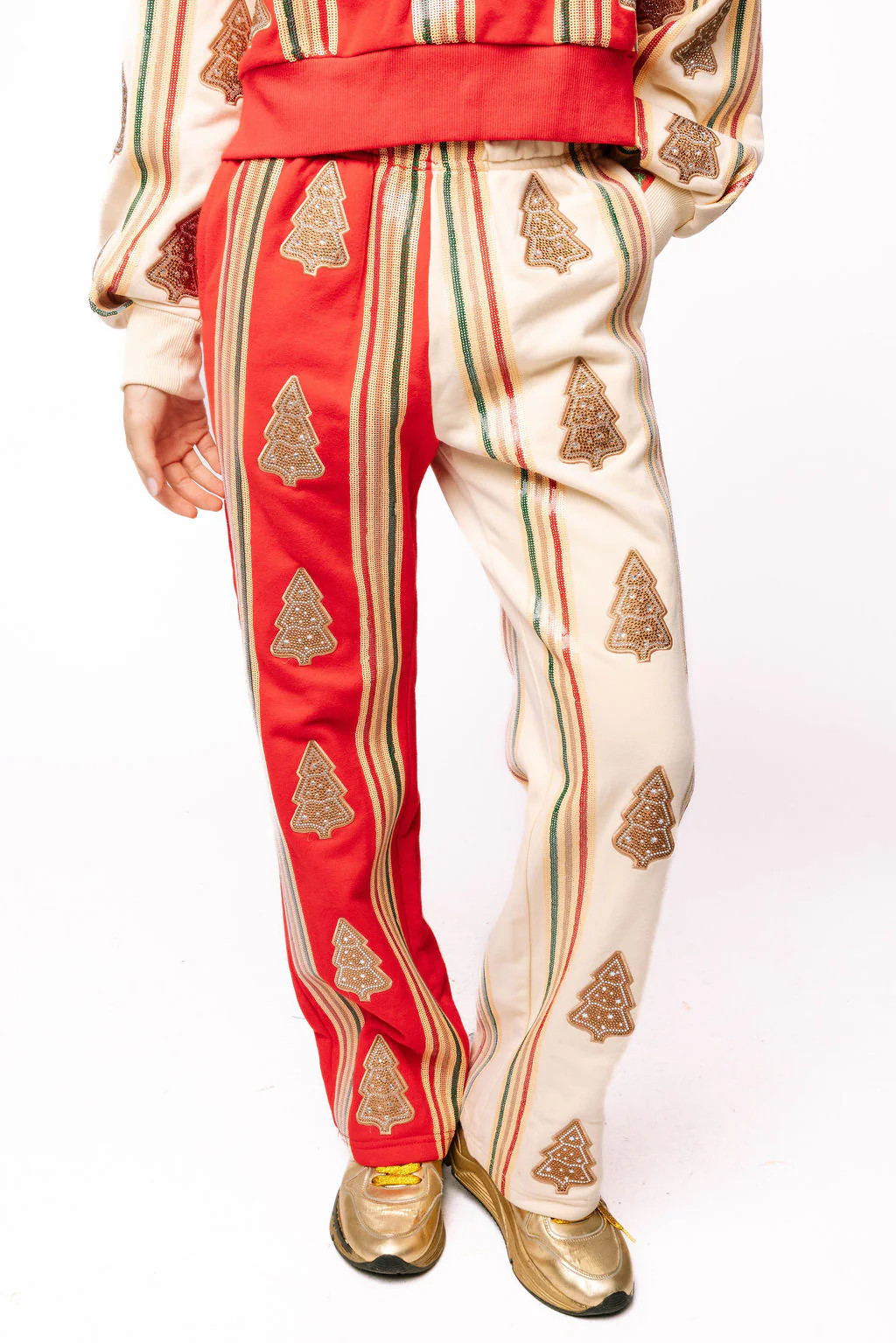 Red & Ivory Striped Christmas Cookie Sweatpant | Queen of Sparkles