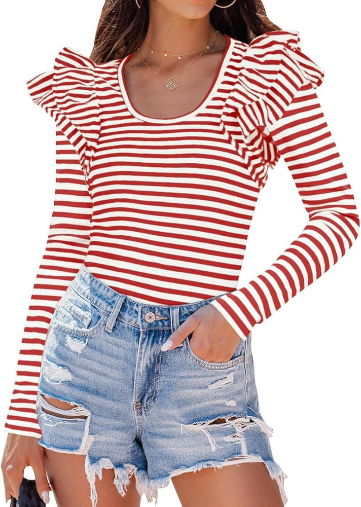 ZESICA Womens Ruffle Long Sleeve Scoop Neck Shirt Striped Slim Fitted Casual Basic Tee Tops 2024 ... | Amazon (US)