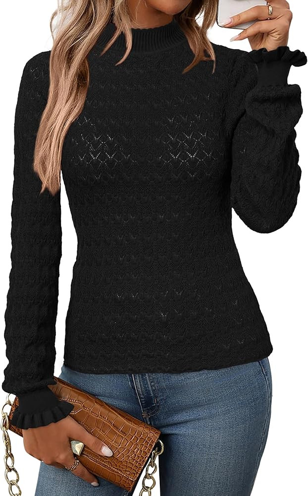 Arach&Cloz Womens Silk Wool Blend Lace Mock Neck Slim Fitted Sweater Trendy 2025 | Amazon (US)