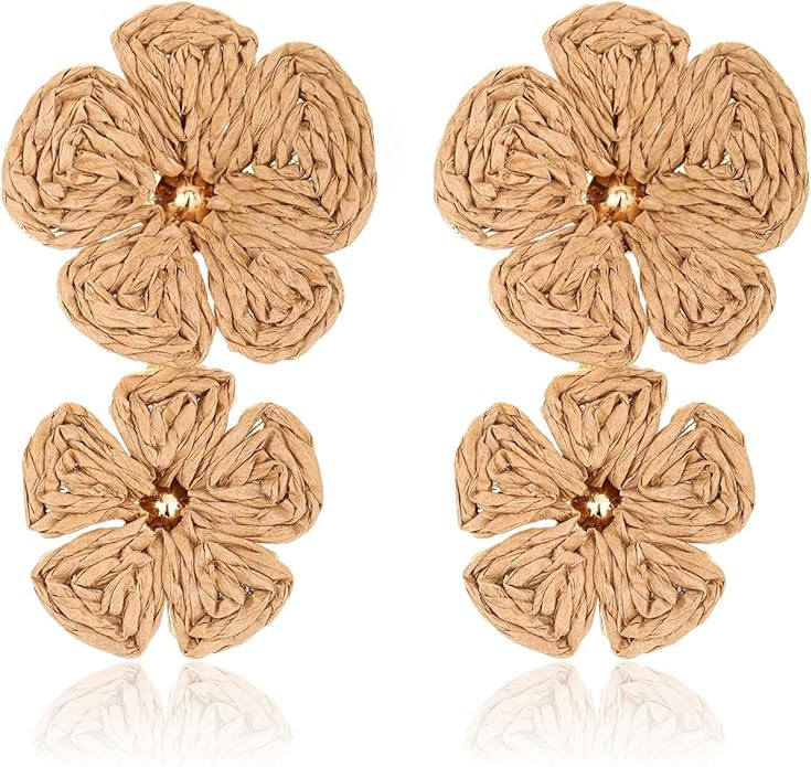 Raffia Flower Earrings, Raffia Straw Wrapped Flower Drop Dangle Earrings Summer Tropical Beach Je... | Amazon (US)