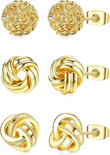 3 Pairs 14K Gold Plated Knot Earrings For Women Hypoallergenic Small Stud Earring Woven Ball Stud... | Amazon (US)