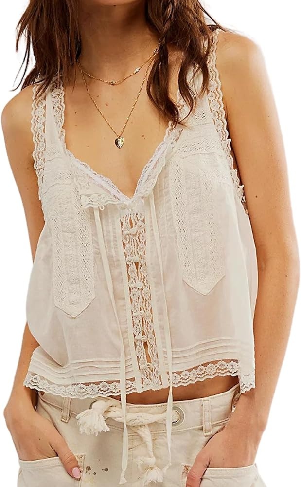 Women Sleeveless Ruffled Lace Trim Chiffon Crop Top Scoop Neck Flowy Button Down Front Tie Mesh C... | Amazon (US)