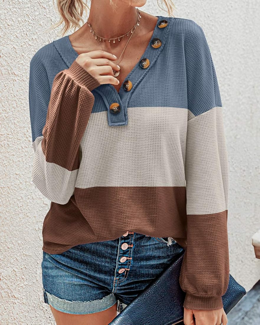 BTFBM Women Waffle Knit Shirts V-Neck Long Sleeve Casual Slouchy Loose Blouses Plain Faux Button ... | Amazon (US)