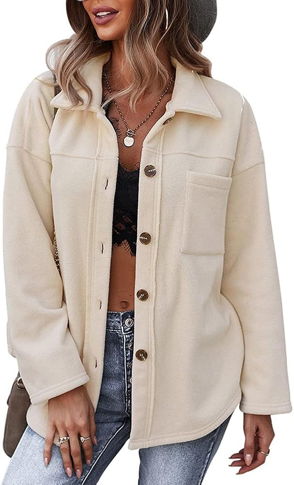 chouyatou Women's Fall Winter Button-Down Fuzzy Warm Fleece Shirt Jacket Shacket (Large, Beige) a... | Amazon (US)