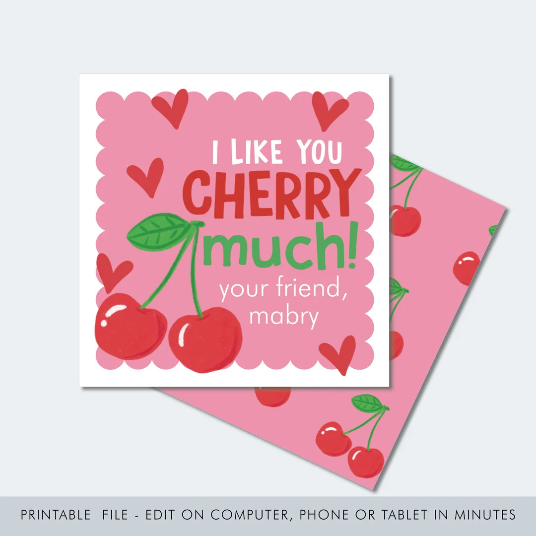 Printable Cherry Valentine Printable / School Valentine / Classroom Valentine / Valentine Gift Ta... | Etsy (US)