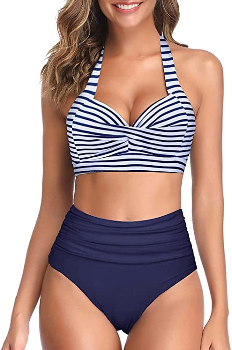 Tempt Me Women Two Piece Vintage Swimsuit Retro Halter Ruched High Waist Bikini with Bottom | Amazon (US)