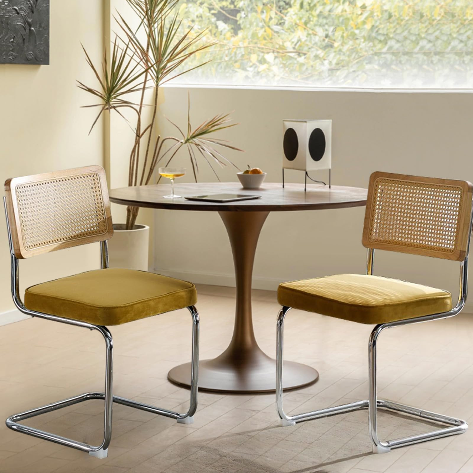 Rattan Back Velvet Dining Chair Set of 2 Modern Stainless Chrome Base Armless Upholstered Side Ch... | Amazon (US)