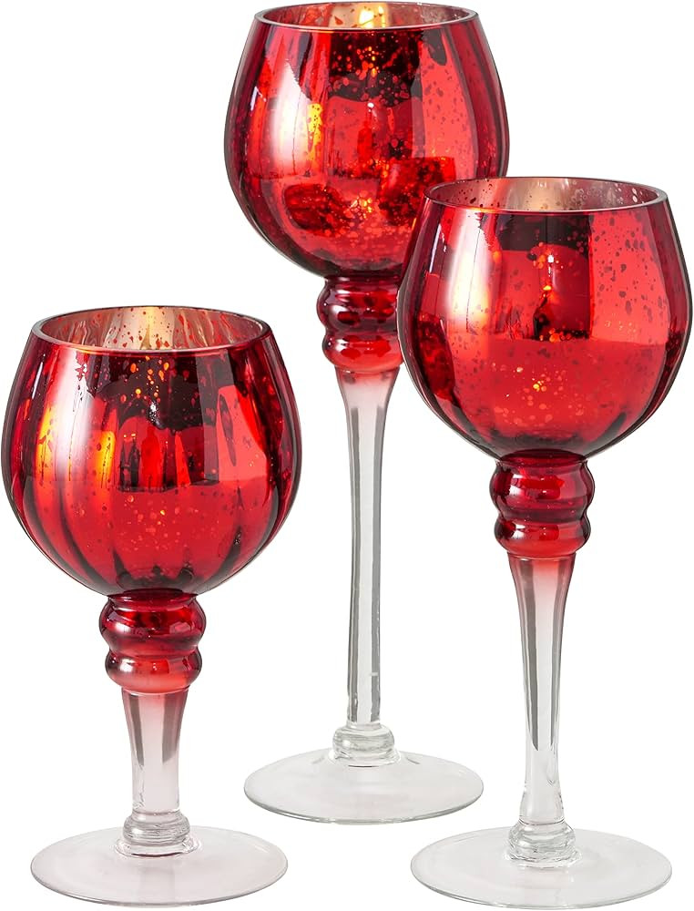 Spectacular Cape Cod Long Stem Goblet Candle Holders, Set of 3, Red with Silver, Clear Risers, La... | Amazon (US)