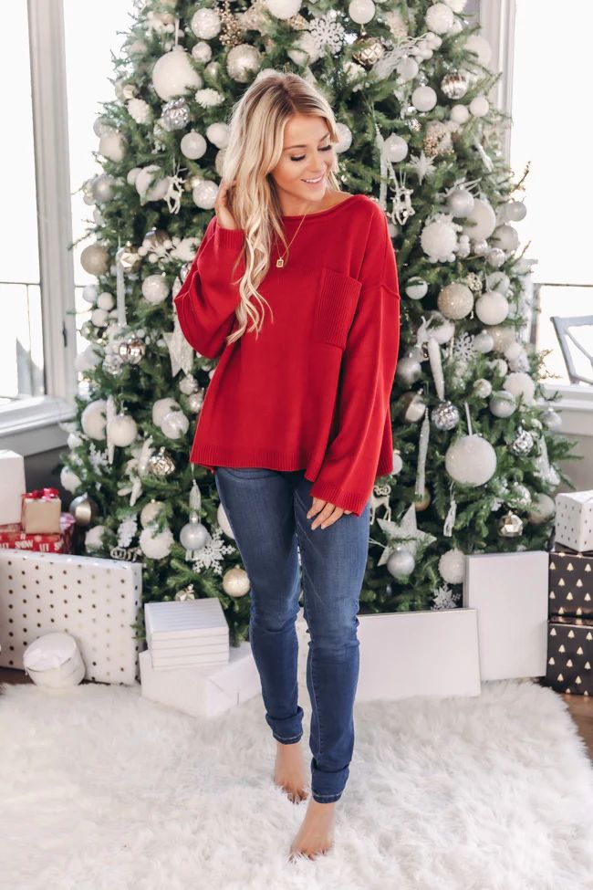 Cozy Up Pocket Red Sweater SALE | The Pink Lily Boutique