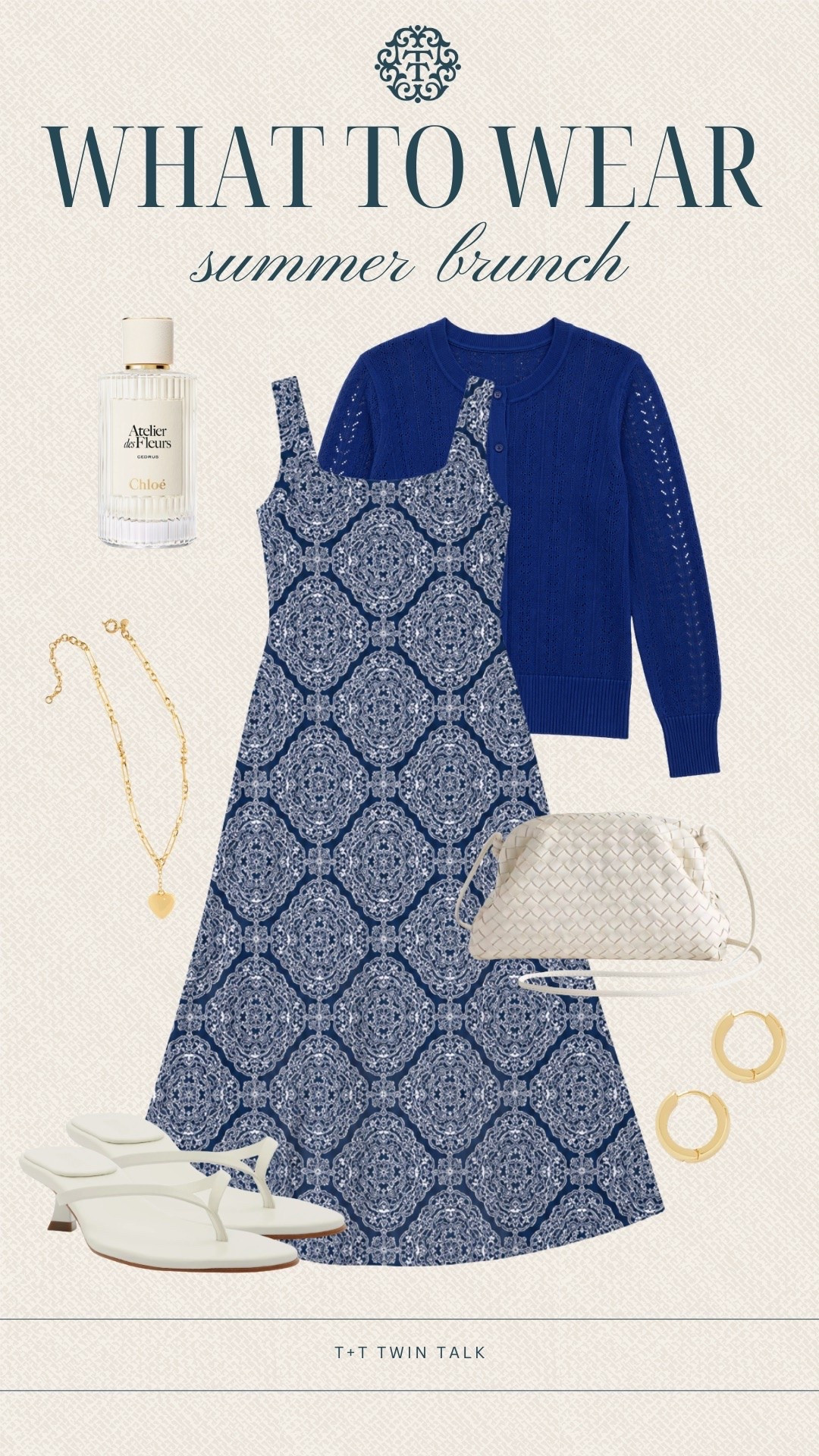 T+T, what to wear! This Talbots printed dress paired with a navy cardigan is a great choice for a summer brunch, and the white sandals, woven clutch, gold jewelry, and Chloé perfume complete the look. It's an easy outfit that feels put together for meeting friends, celebrating, or enjoying a weekend morning out.

#LTKSeasonal #LTKOver40 #LTKMidsize