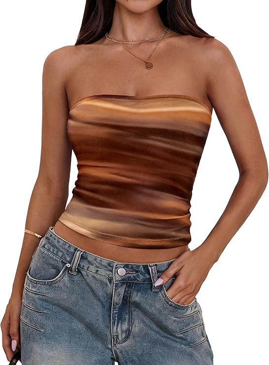 PRETTYGARDEN Women's Mesh Floral Strapless Bandeau Crop Top | Amazon (US)