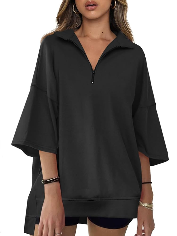 Fisoew Womens Oversized Sweatshirt Casual Zip Up V Neck 3/4 Sleeve High Low Pullover Tunic Tops | Amazon (US)