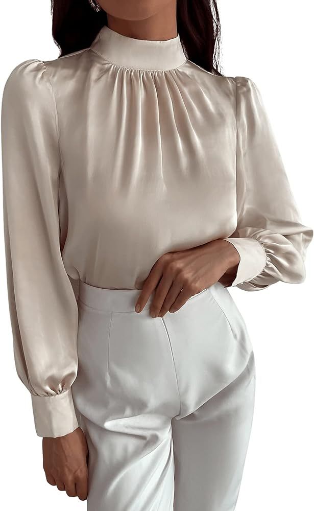 SOLY HUX Women's Mock Neck Puff Long Sleeve Satin Silk Work Top Blouse | Amazon (US)