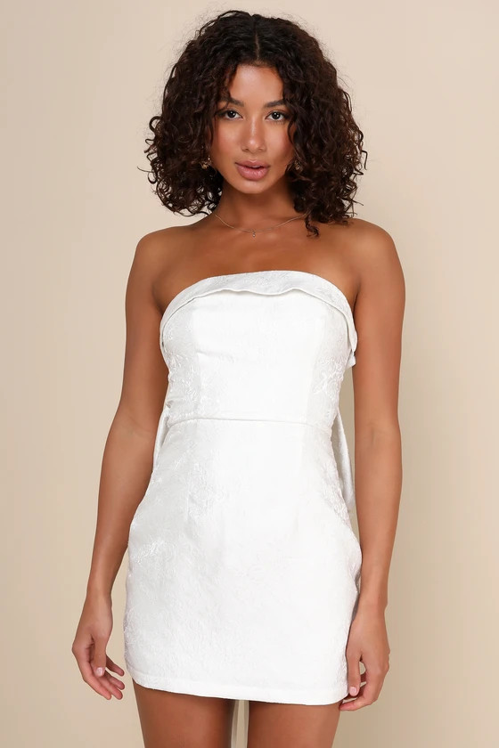 Chic Destiny Ivory Floral Jacquard Strapless Bow Mini Dress | Lulus