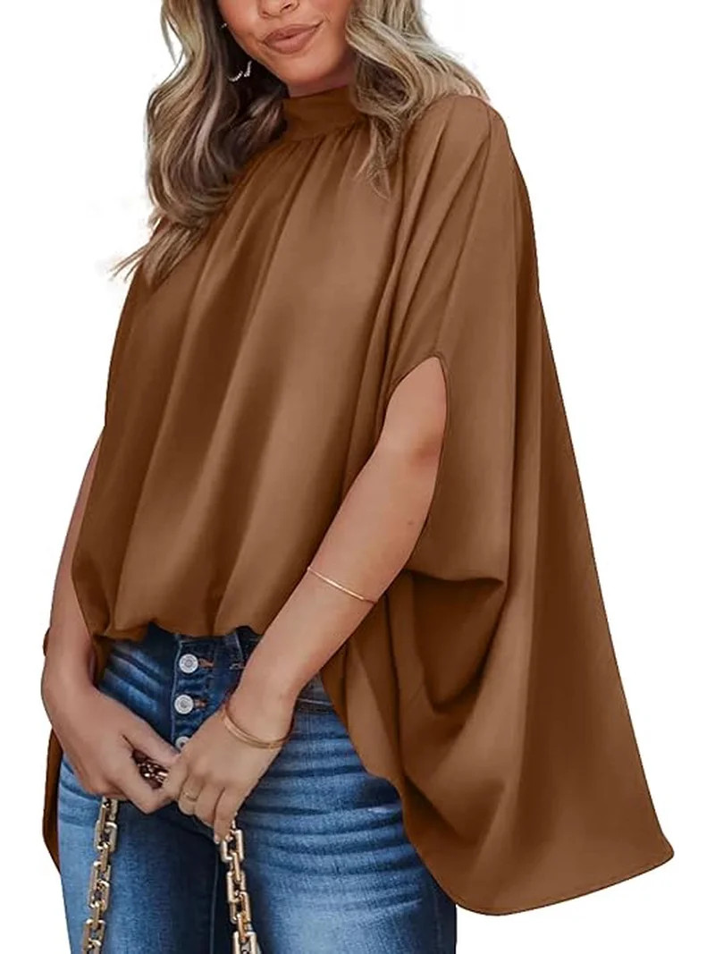 BTFBM Womens Summer Tops Mock Neck Batwing Sleeve Silk Satin Shirts Loose Oversized Dressy Casual... | Walmart (US)