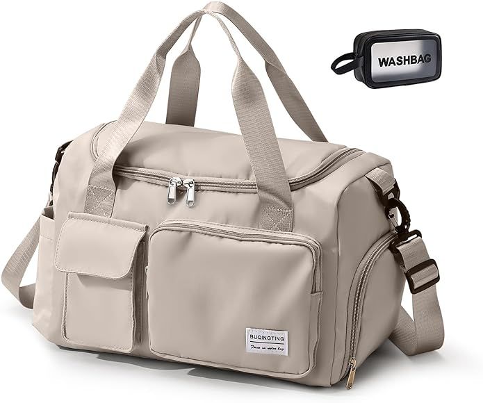 Beige Small Gym Bag for Women, Waterproof Travel Duffle Bag Carry On Weekender Bag with Shoe Comp... | Amazon (US)
