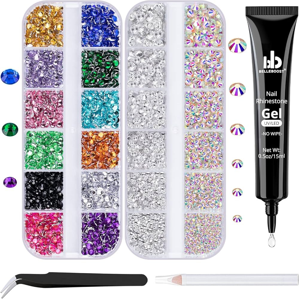 Nail Art Rhinestone Glue Gel&2 Boxes Flatback Gems Kit, 1 Tube of 15ml Rhinestone Gel Glue+Colorf... | Amazon (US)