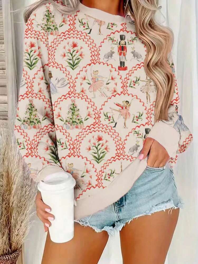 Plus Women's Christmas Printed Round Neck Long Sleeve Hoodie Sweatshirt | SHEIN