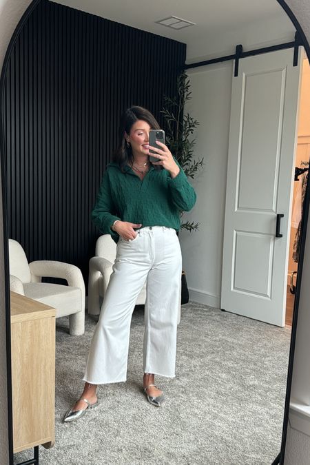 Today’s lunch outfit. Trying to dress for my color season (per the online quiz 🤣) apparently I’m a deep winter so this dark green is one of my good colors, along with white. Paired it with silver & mixed metal jewelry. Top is old and unfortunately not available but the jeans are my fav & perfect for spring/summer. I sized down to a 28R  

#LTKstyletip #LTKmidsize #LTKshoecrush