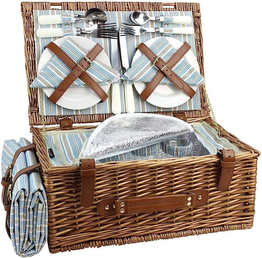 HappyPicnic Wicker Picnic Basket Set for 4 Persons | Large Willow Hamper with Large Insulated Coo... | Amazon (US)