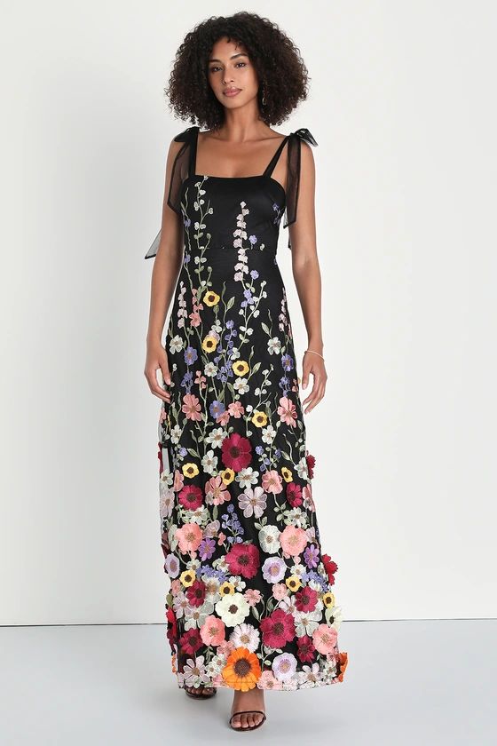 Thriving Poise Black 3D Floral Embroidered Tie-Strap Maxi Dress | Lulus