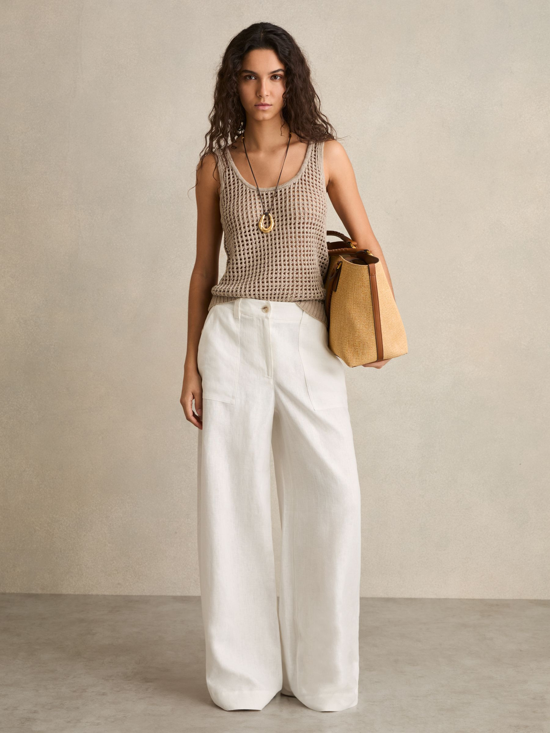 Reiss Linen Wide-Leg Trousers in White - REISS | Reiss UK