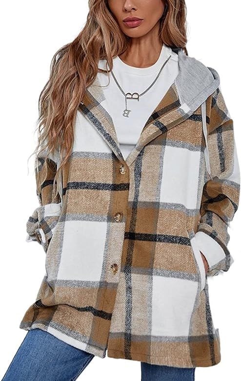 UANEO Women's Hooded Plaid Shacket Button Down Long Sleeve Fall Flannel Shirt Jacket | Amazon (US)