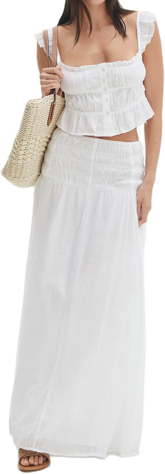 Women 2 Piece Skirt Set Summer Outfits Puff Sleeve Tie-up Front Crop Top+Long Maxi Skirt Cottage ... | Amazon (US)