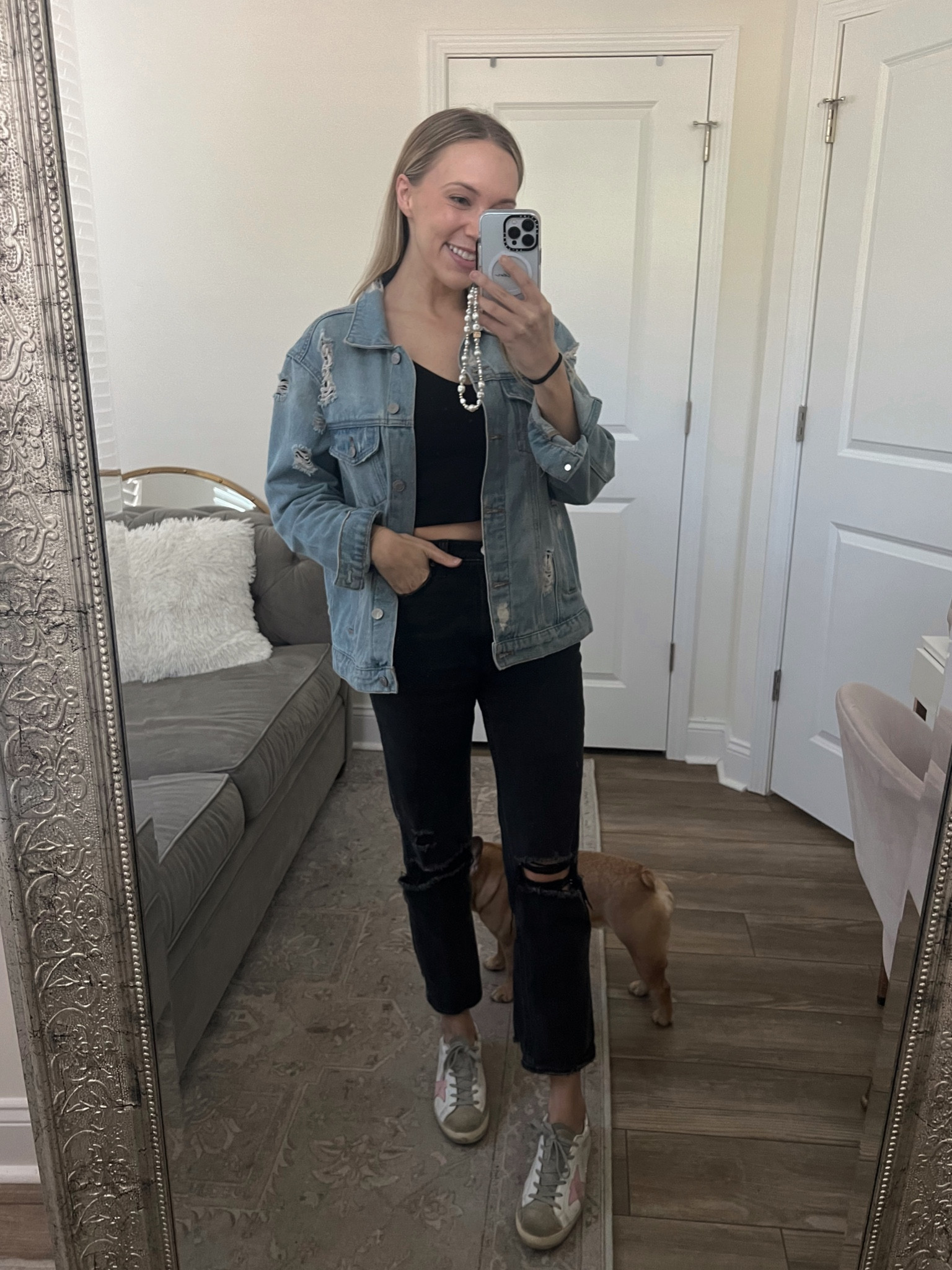 Casual outfit of the day, black jeans, straight leg jeans, golden goose sneakers, black crop top, oversized denim jacket 

#LTKunder100 #LTKshoecrush #LTKunder50