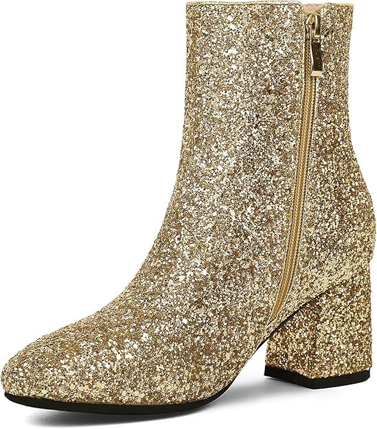 FIFSY Women Sparkly Ankle Boots Sequin Glitter Booties Chunky High Heels | Amazon (US)