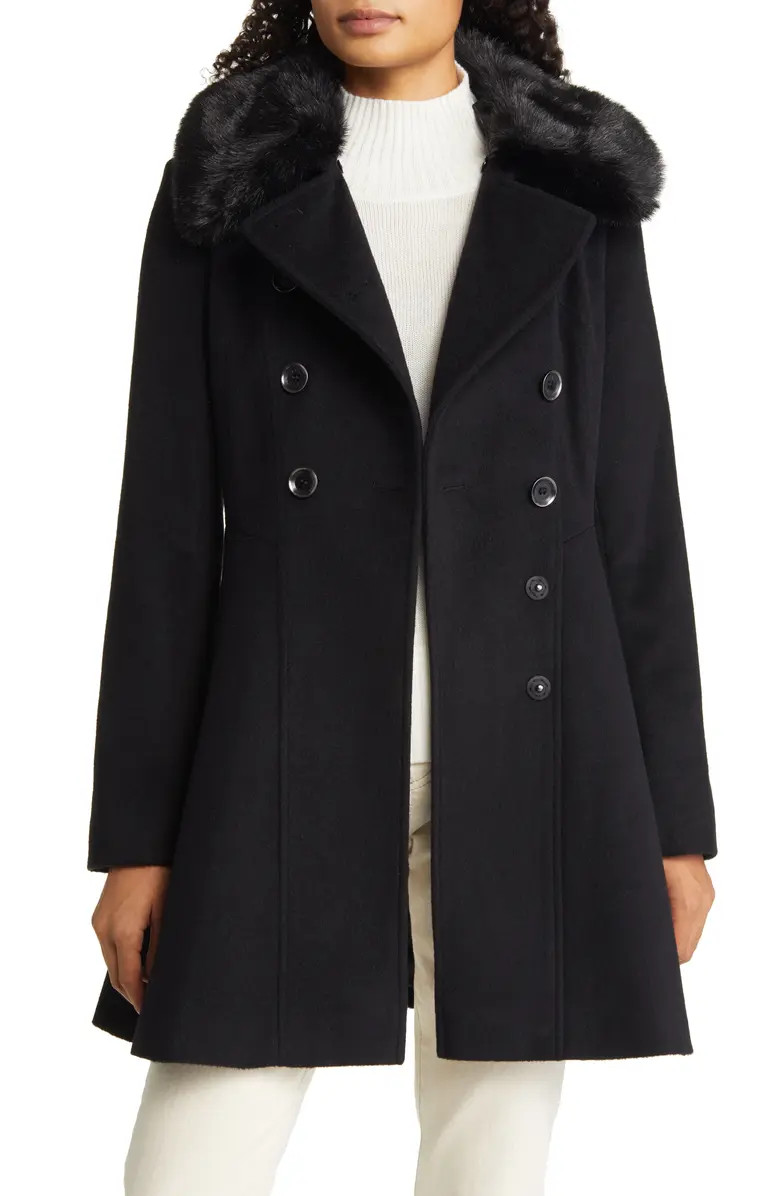 Women's Double Breasted Skater Faux Fur Collar Wool Blend Coat | Nordstrom