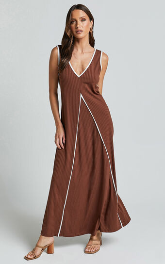 Cathleen Midi Dress - Ribbed Sleeveless Low Back Dress in Chocolate With White Contrast | Showpo (US, UK & Europe)