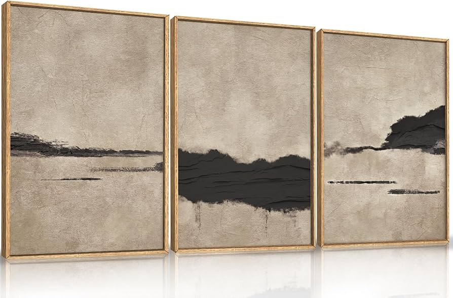 Large Abstract Black and Tan Framed Canvas Wall Art,Vintage Minimalist Wall Decor,Neutral Brush S... | Amazon (US)
