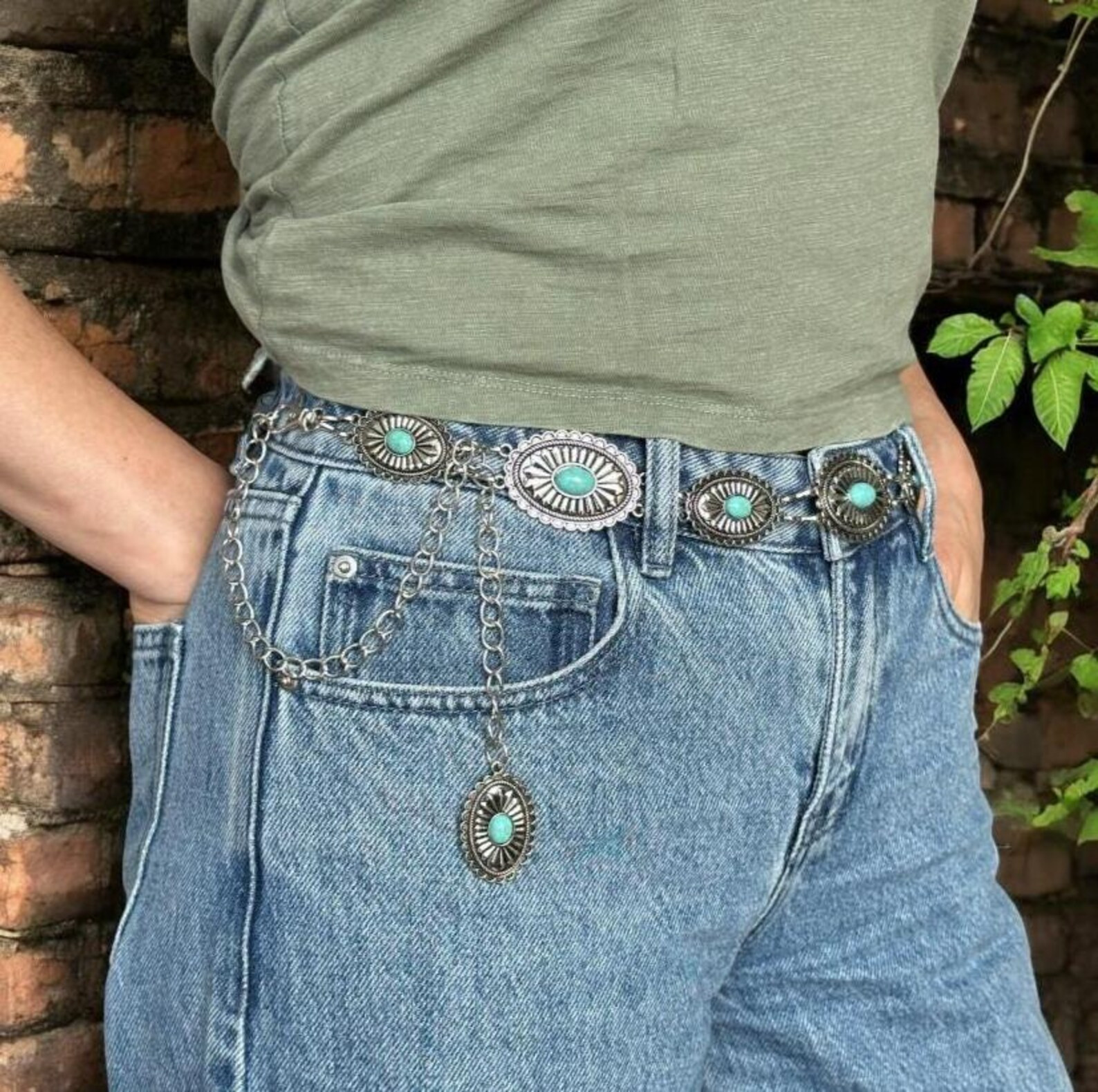 Women's Western Concho Chain Belt 100% with Oval Jade Stones Southwestern Cowgirl Festival Belt T... | Etsy (Global)