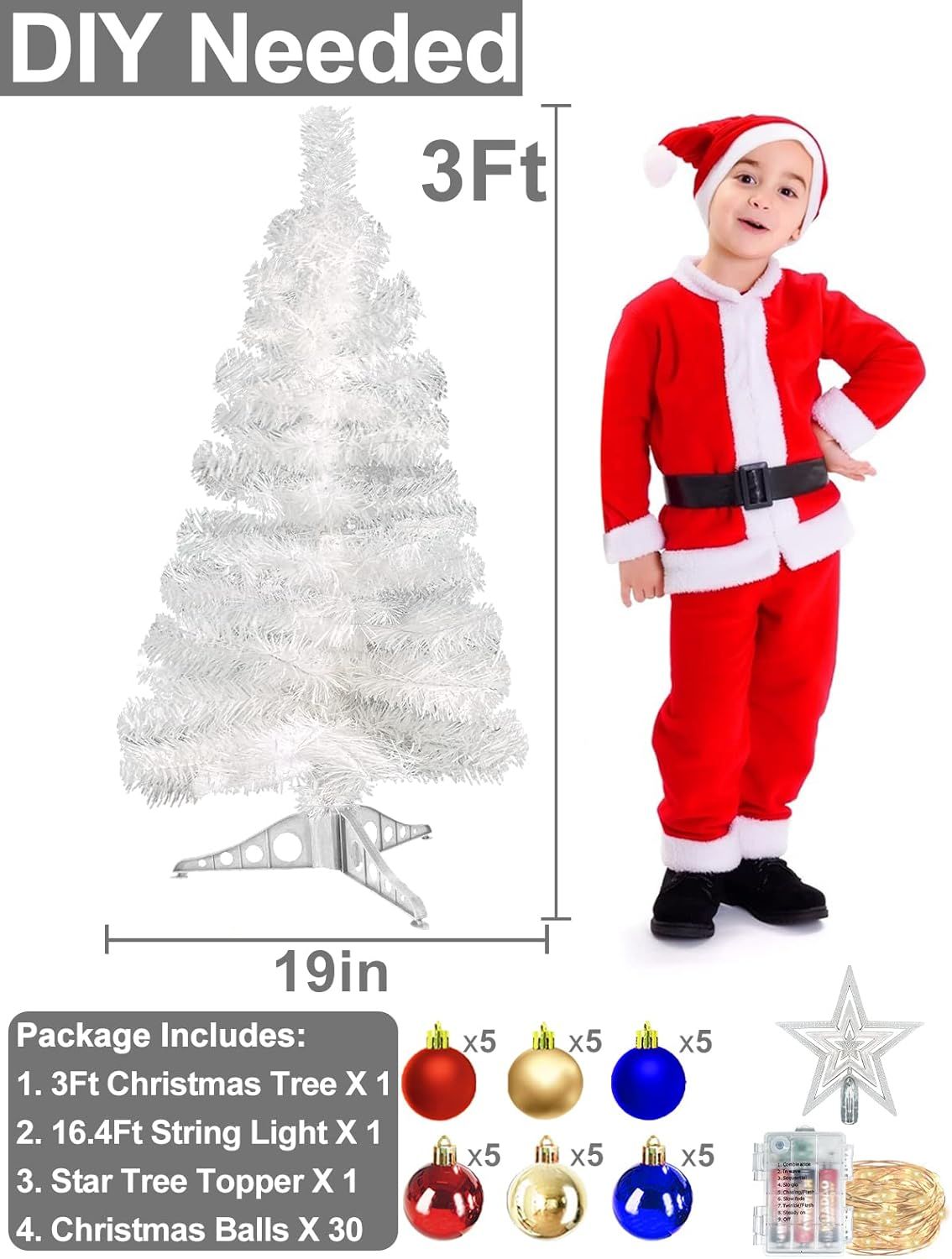 3 Feet Pre-lit Artificial Christmas Tree with Timer DIY 50 Warm Lights 30 Ball Ornaments Star Top... | Amazon (US)