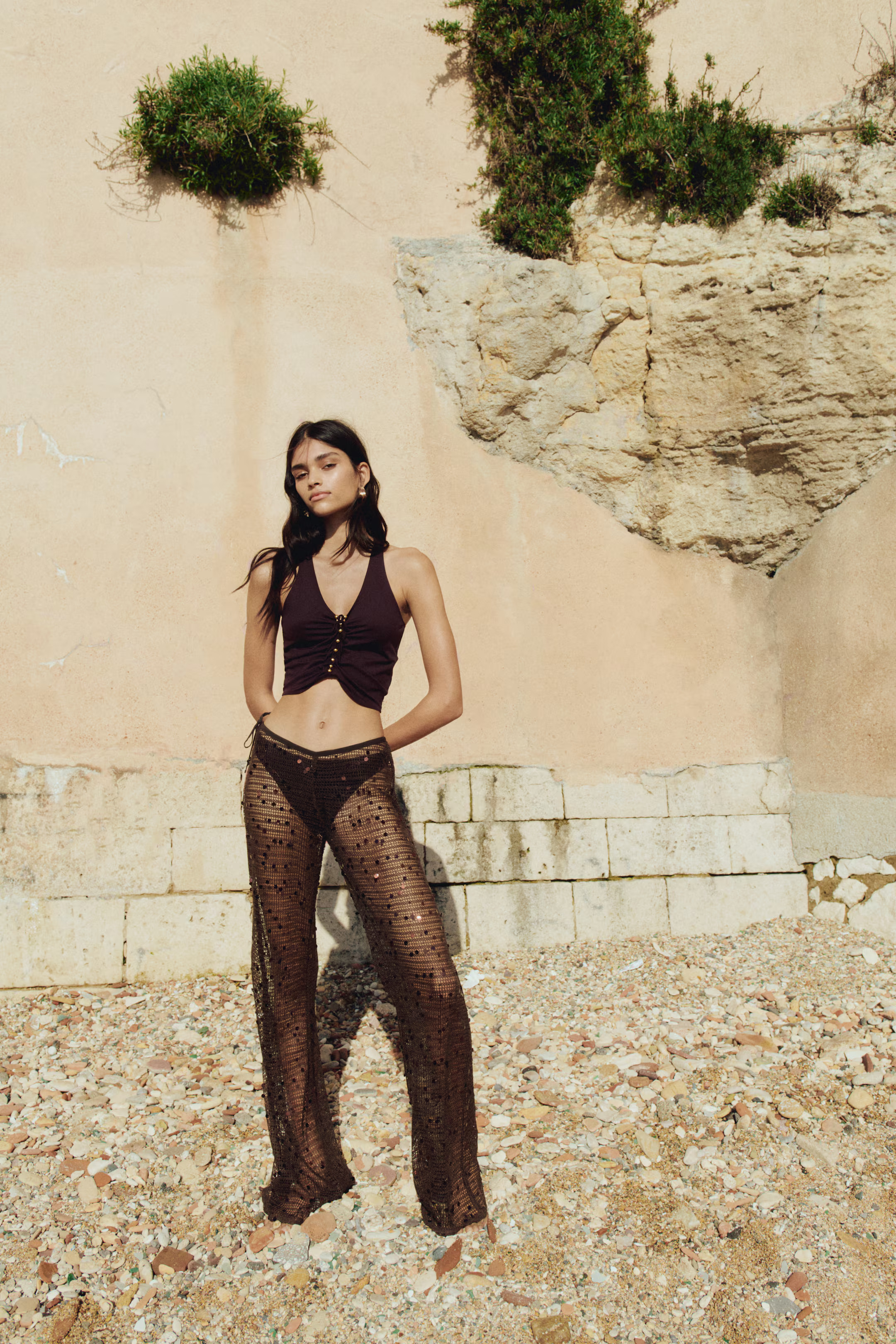 Sequined net trousers - Dark brown - Ladies | H&M GB | H&M (UK, MY, IN, SG, PH, TW, HK)
