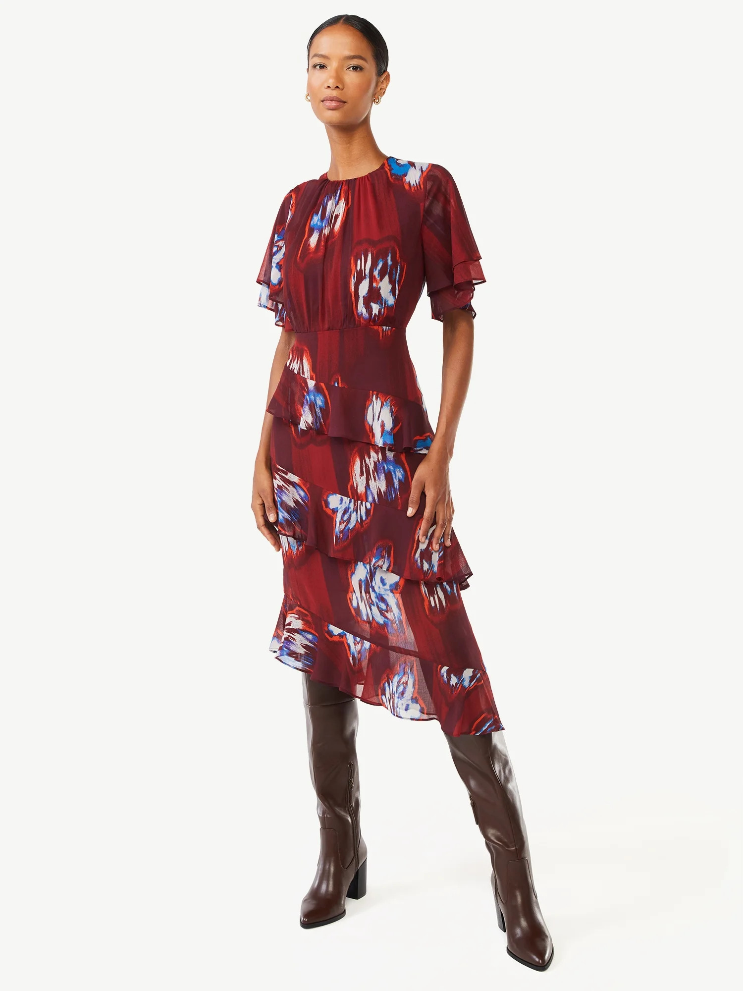 Scoop Women's Tiered Ruffle Dress with Flutter Sleeves - Walmart.com | Walmart (US)