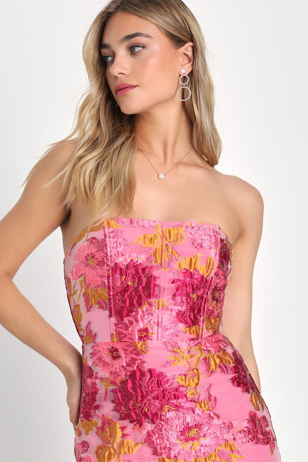 Upgraded Event Pink Floral Jacquard Strapless Bustier Midi Dress | Lulus