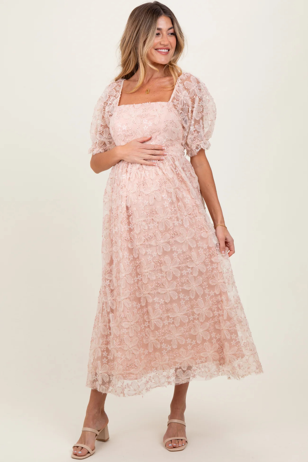 Light Pink Floral Mesh Overlay Tie Back Maternity Midi Dress | PinkBlush Maternity