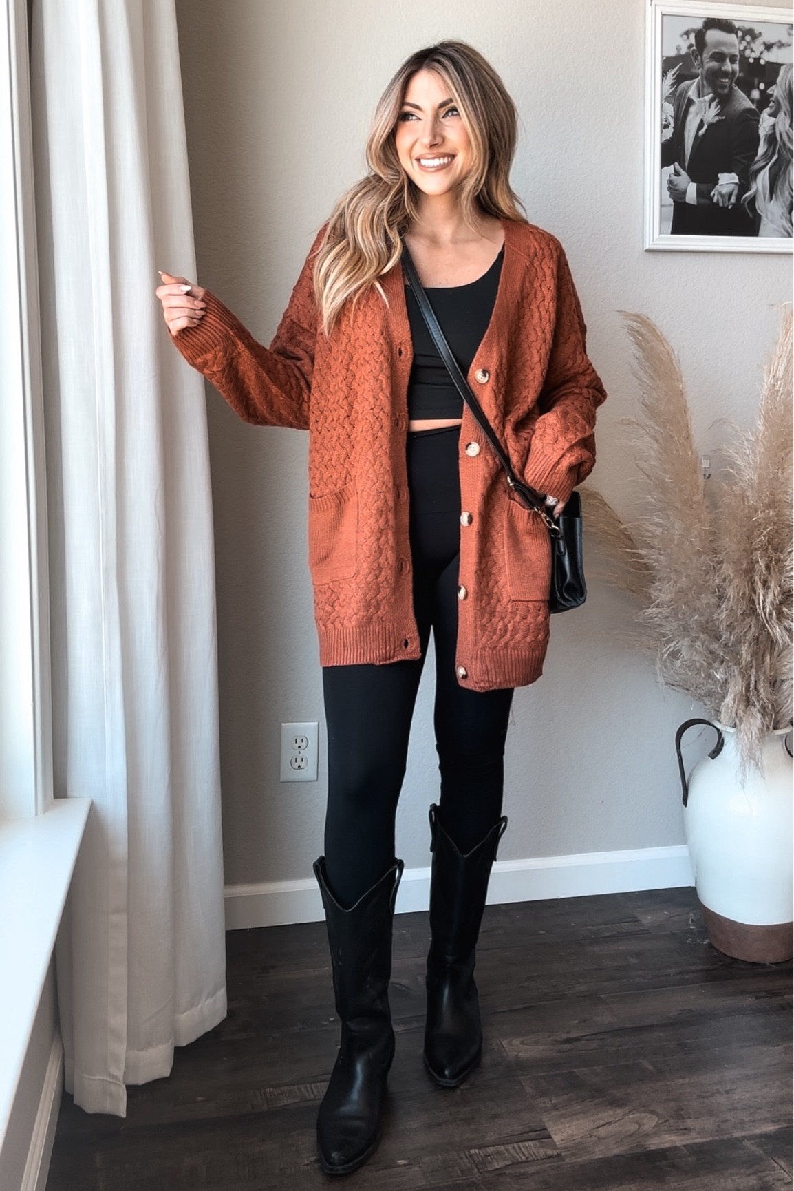 chunky oversized cardigan, to control compression leggings with black crop top. Black western boots and matching Crossbody purse style for fall. fall outfit, Inspo, fall fashion. 

#LTKFallSale #LTKFindsUnder50 #LTKShoeCrush