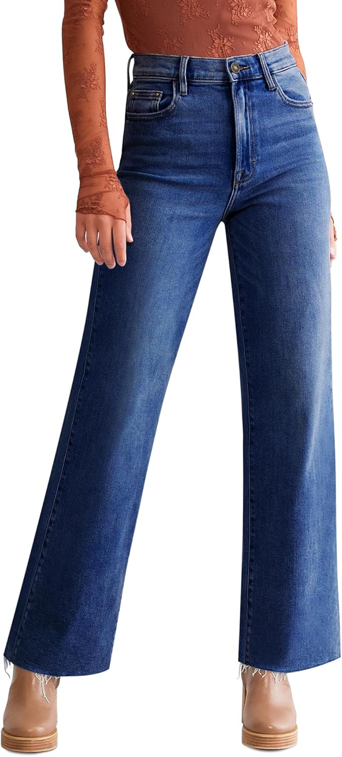Straight Leg Jeans for Women Trendy High Waisted Cropped Boyfriend Mom Stretchy Frayed Hem Loose ... | Amazon (US)