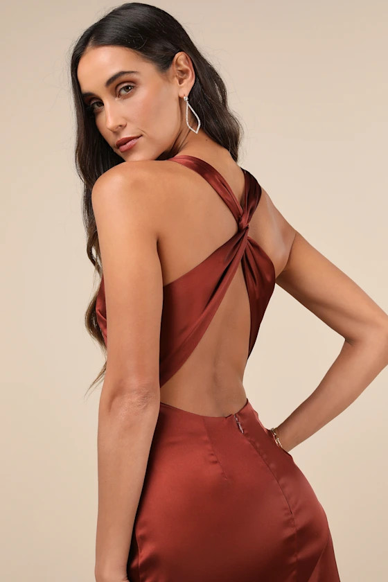 Purely Elegant Rust Brown Satin Twist-Back Maxi Dress | Lulus