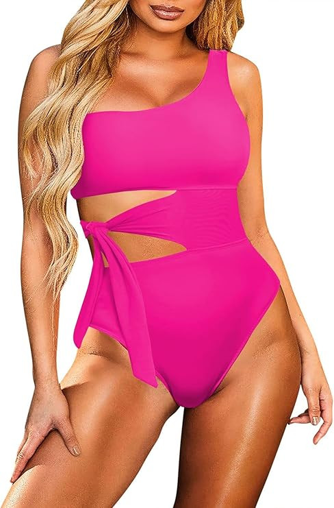 Viottiset Women's One Shoulder Cut Out Tie Waist One Piece Swimsuit Cheeky High Cut Bathing Suit | Amazon (US)