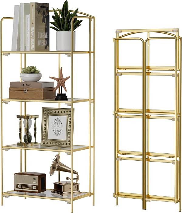 4-Tier Foldable Bookshelf, Gold Frame & Transparent Shelves | Amazon (US)